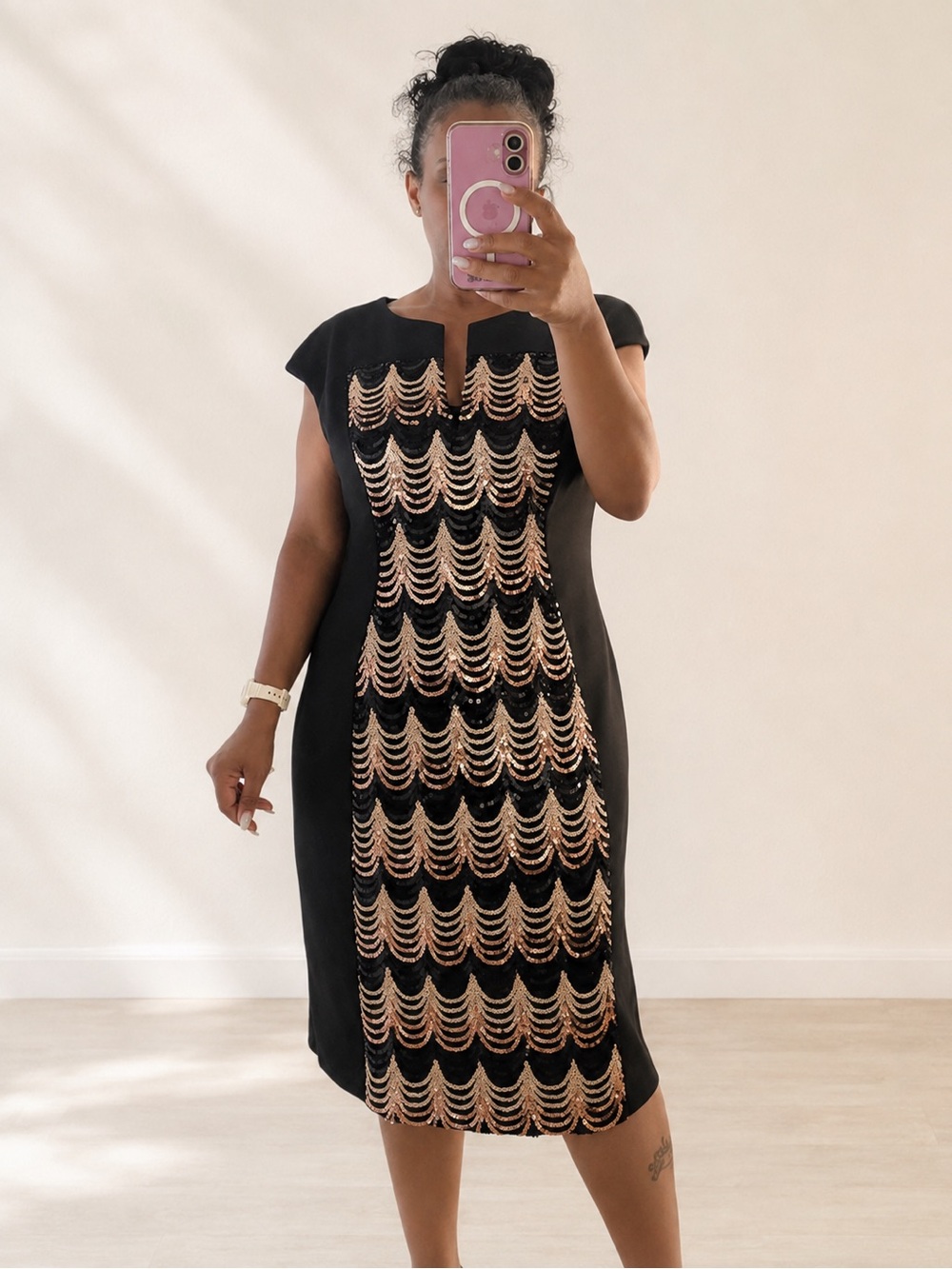Black and Gold Sequin Sheath Dress